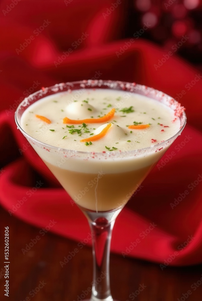 Festive Cocktail: An elegant cocktail, garnished with a festive orange peel and a sprinkle of spice, sits on a smooth red background Festive Cocktail: An elegant cocktail, garnished with a festive orange peel and a sprinkle of spice, sits on a smooth red background