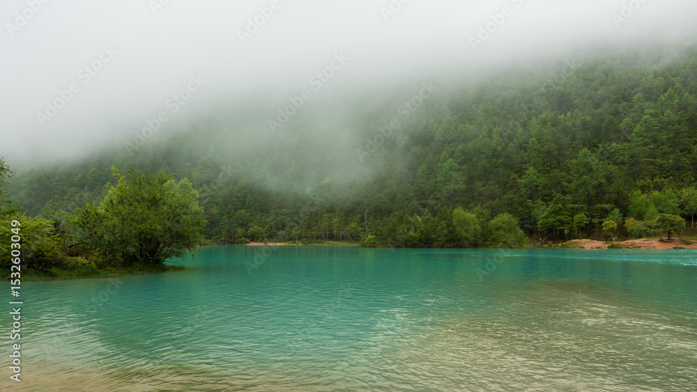 Fototapeta premium Scenic view of green lake in forest with foggy