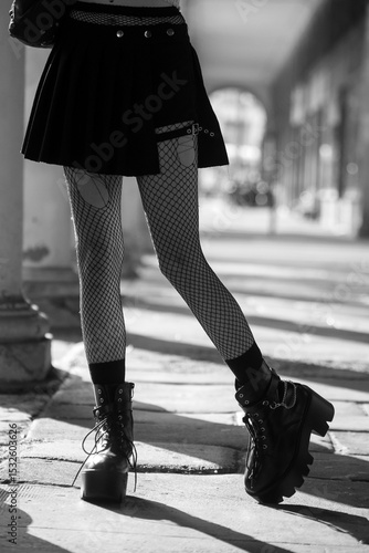 Closeup of legs of gothic girl wearing sexy stockings and black boots standing in the street