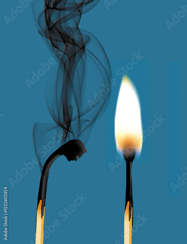 An older worker has job burnout and is ready to retire. He is illiustrated as a match that had it's flame die out  and turn into a cloud of smoke. This a 3-d illustration.