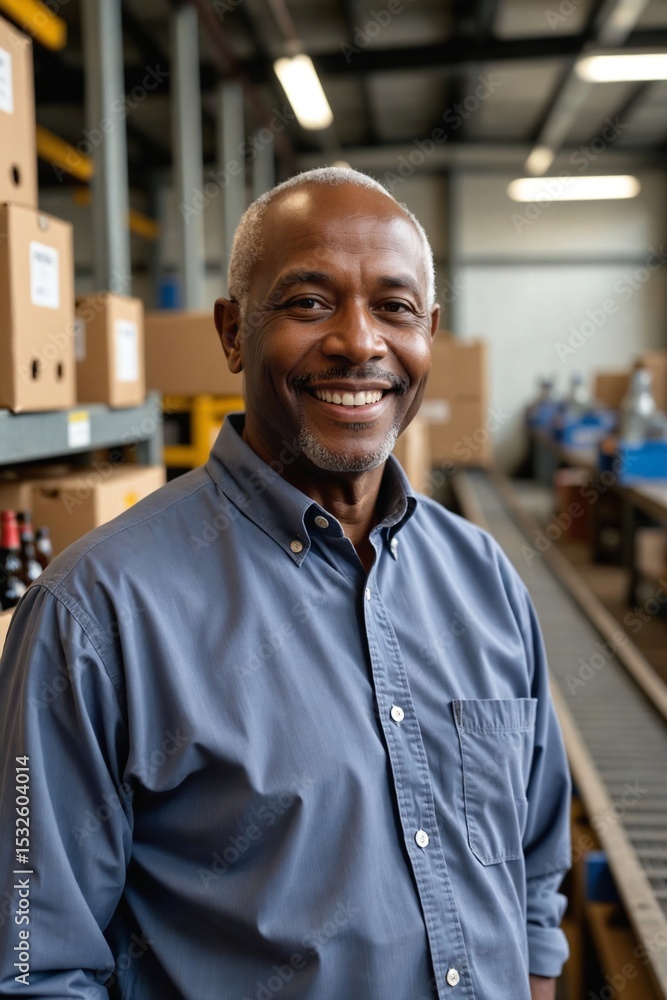Fototapeta premium Experienced Senior Black Man in His 50s Smiling in a Beverage Packaging and Bottling Area