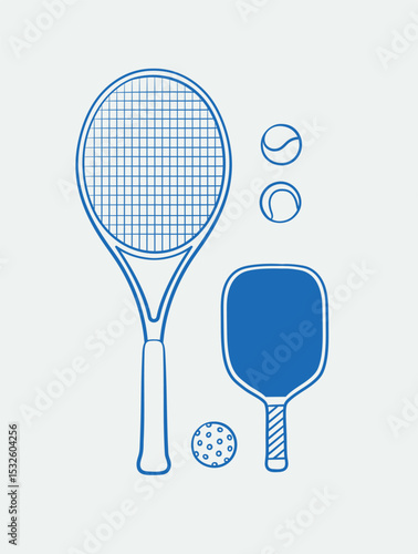 Hand-drawn tennis racket and Pickleball Paddle and balls. Line art, ink, minimalist style. Vector illustration. Sport collection.