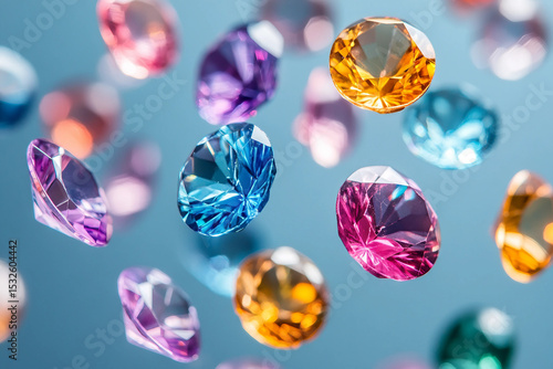 Flying colorful gems and diamonds on vibrant background for jewelry sale, luxury branding or promotion concept, generative ai
