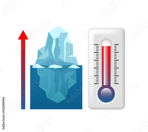 Global warming illustration. Melting glaciers. Glacier and thermometer. Vector illustration.