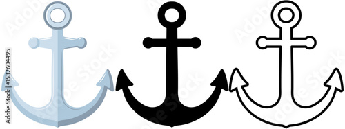 Anchor flat vector in colour, silhouette and outline versions, maritime graphic element