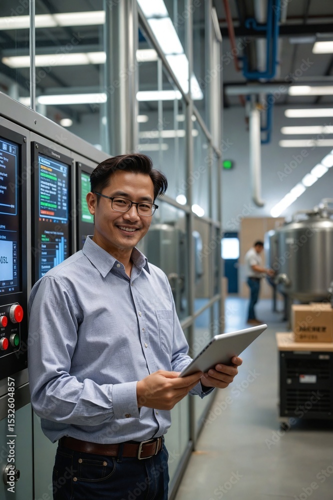 Fototapeta premium Asian Male Technician in His 30s Using a Tablet by a High-Tech Brewery Control Panel