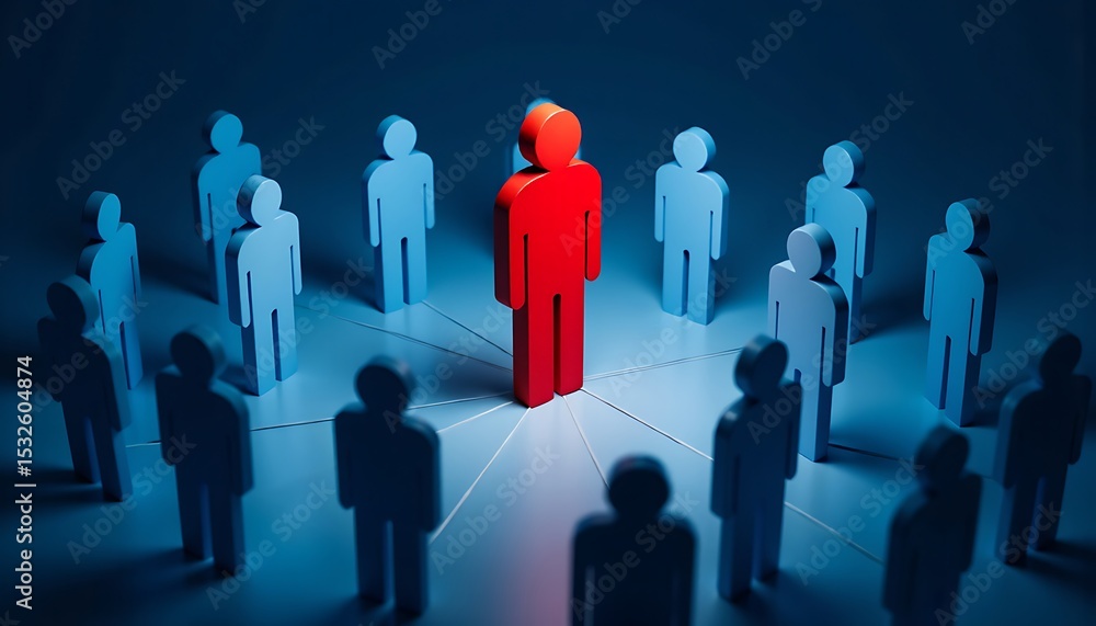 A red figure stands out among a circle of blue figures, symbolizing leadership or uniqueness. A red figure stands out among a circle of blue figures, symbolizing leadership or uniqueness.