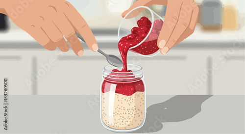 Hands pouring raspberry jam into a jar on kitchen counter  