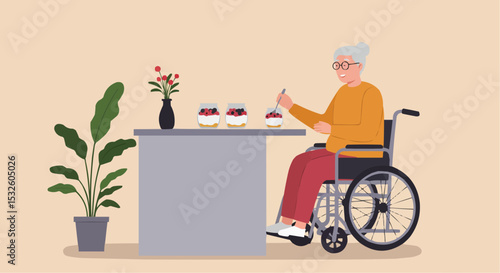 Elderly woman sitting in wheelchair while painting at a table  