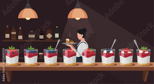 Woman serving desserts with strawberries on a wooden counter in a bar  