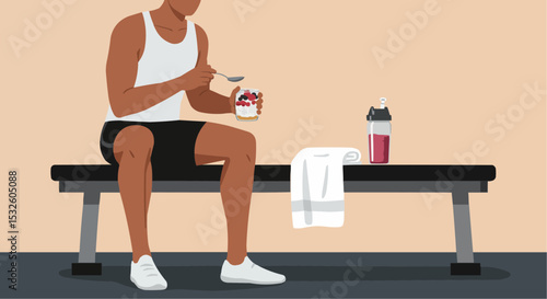 Sporty man eating berry cheesecake chia pudding while resting on bench in gym after workout  