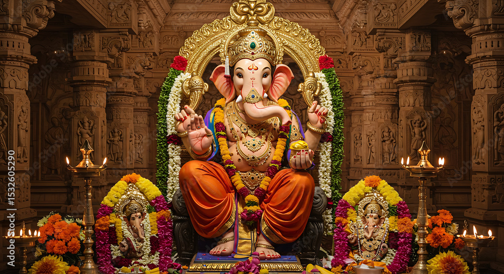 Fototapeta premium Ornate statue of Ganesha, Hindu deity, seated on a golden throne, surrounded by floral decorations and lamps.
