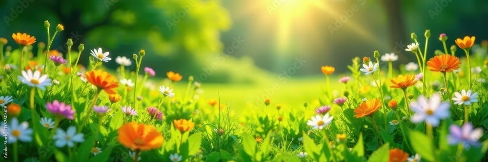 Fototapeta premium Emerald meadow, vibrant wildflowers, sunlit tapestry, kaleidoscope, tranquil