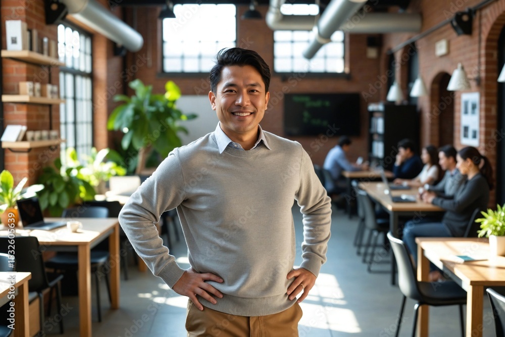 Obraz premium Friendly Middle-Aged East Asian Professional in His 40s in a Bustling Co-working Space