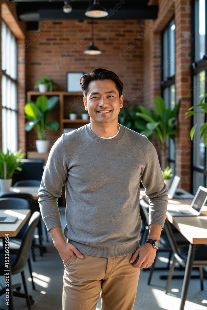 Fototapeta premium Friendly Middle-Aged East Asian Professional in His 40s in a Bustling Co-working Space