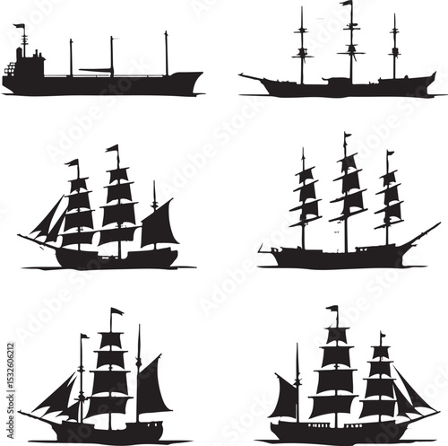 Vintage Sailing Ship Silhouettes – Black & White Nautical Vector Set

Old and Modern Ship Illustrations – Maritime Silhouette Collection

Historic Sailboat and Cargo Ship Silhouettes – Nautical Vector