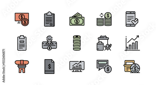 Collection of Financial Icons Representing Money, Growth, and Transactions