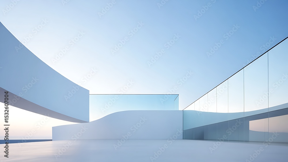 Fototapeta premium Modern architectural terrace overlooking the sea, showcasing minimalist design.