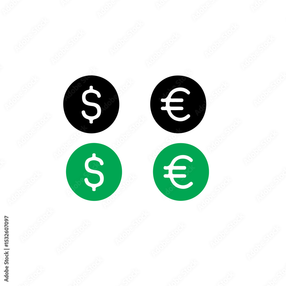 A simple depiction of dollar and euro currency symbols in black and green on a white background plain A simple depiction of dollar and euro currency symbols in black and green on a white background plain