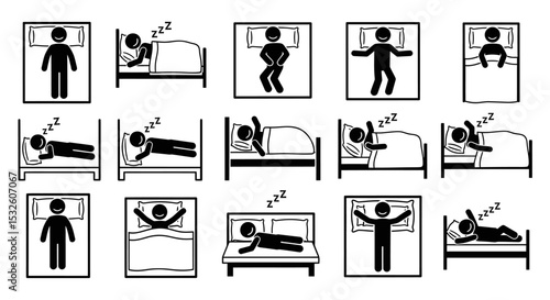 Pictogram Set of People Sleeping in Different Positions on Beds
