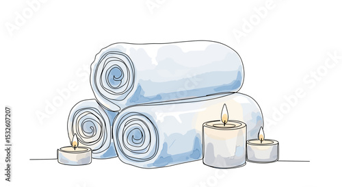 Spa towels and candles, one line drawing with watercolor fill, minimalistic vector illustration on white background