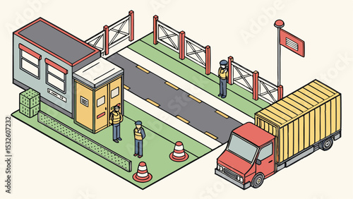 Isometric illustration of a border crossing with a truck waiting for inspection process to start