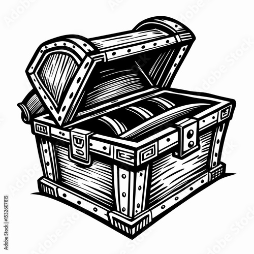Vintage Wooden Treasure Chest Illustration in Black and White  Art