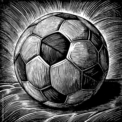 Vintage Soccer Ball Illustration in Detailed Woodcut Style