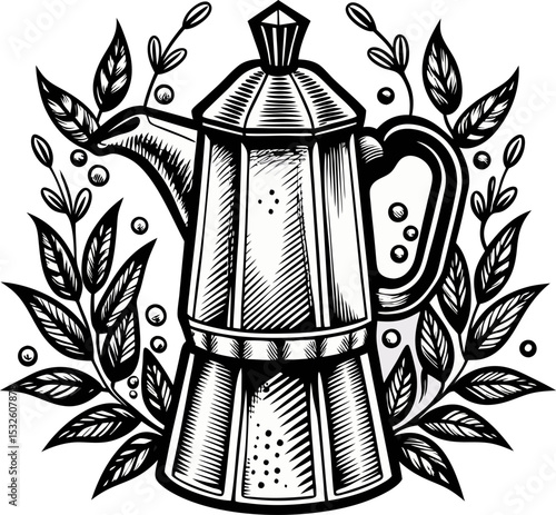 Vintage coffee pot surrounded by floral elements in black and white detailed illustration