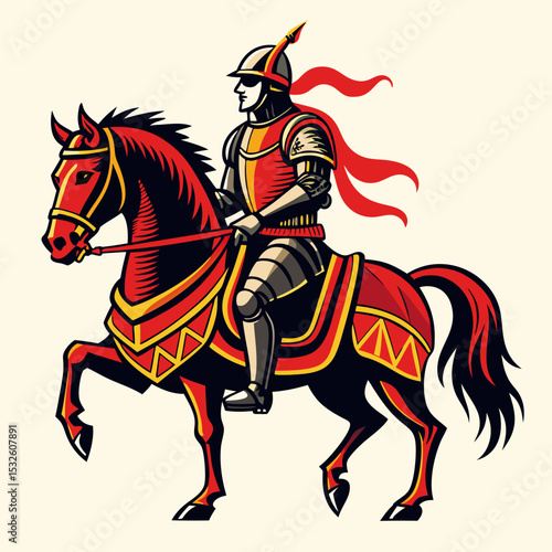 Medieval Knight in Armor on Horseback with Red Accents and Ribbons