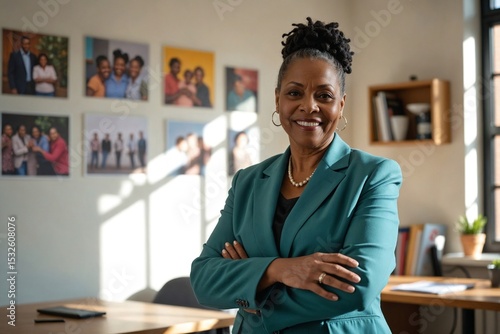 Warm Senior African American Woman in a Corporate Philanthropy Office