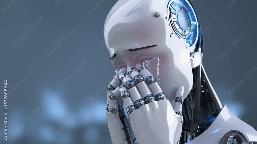 Fototapeta premium Crying android in solitude—exploring the psychological toll of sentient AI in a world where machines begin to understand sorrow