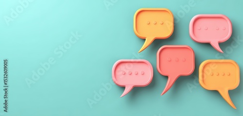 Colorful speech bubbles on a blue background symbolize communication, conversation, messaging, and social interaction.