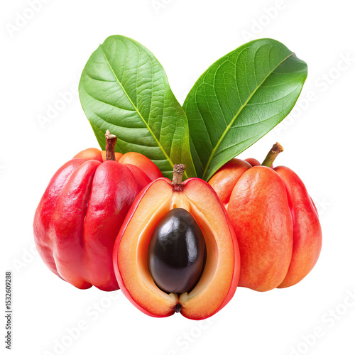 Closeup view of three ripe acerola cherries with one cut open revealing the dark seed inside and vibrant green leaves on transparent background png