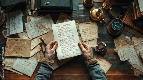 Old letters being read by a person. Aged paper, antique artifacts, desk, and handwriting visible in a vintage style flat lay.