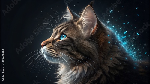 Mystical Cat with Glowing Blue Eyes in Digital Art