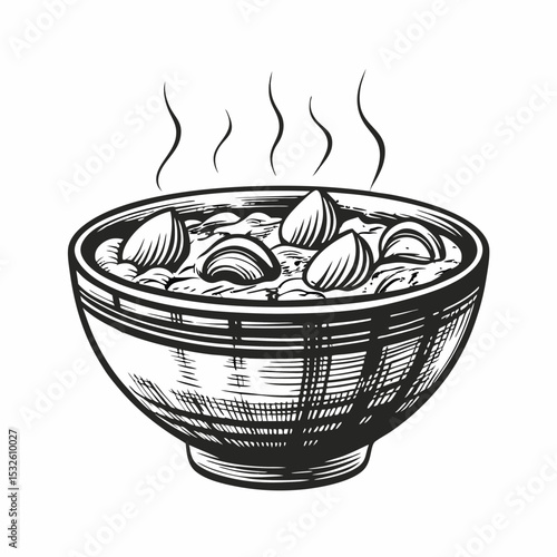 Delicious clam chowder in rustic bowl.  Creamy clam chowder recipe with potatoes and clams in a vintage bowl. This clam chowder illustration is perfect for seafood restaurants menus or cookbooks.