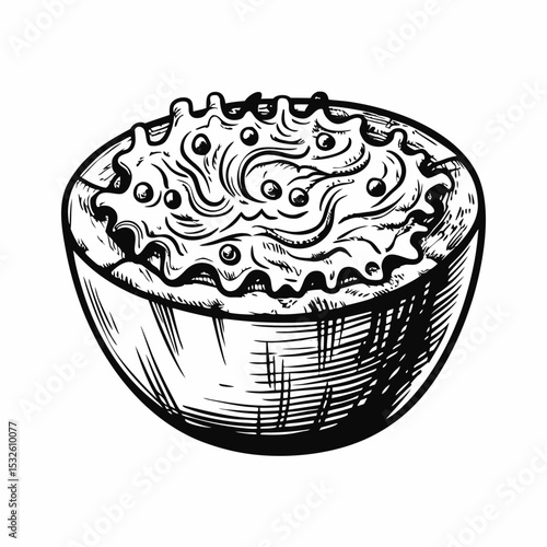 Delicious coleslaw in halved cabbage. Creamy coleslaw recipe with mayonnaise and shredded cabbage. Coleslaw illustration for food blogs and restaurant menus.