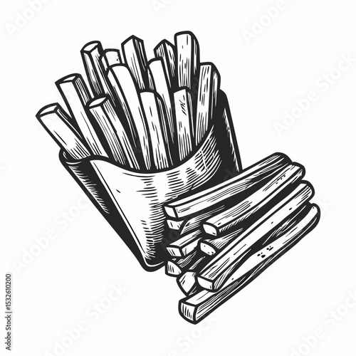 Crispy french fries in paper container. Delicious french fries served in classic takeaway box. French fries illustration for fast food menu design.