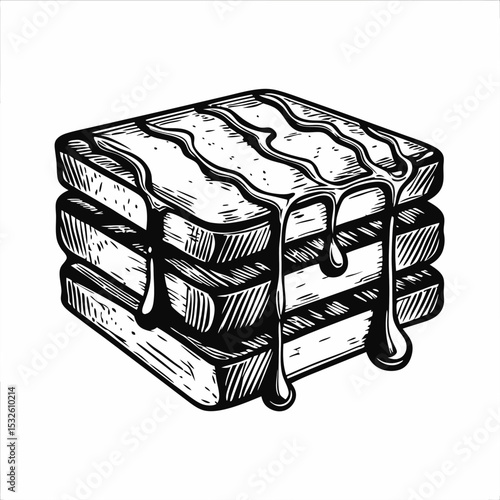 Delicious french toast illustration with syrup dripping down.  French toast stacks are perfect for breakfast menus, recipe books, and food blogs.