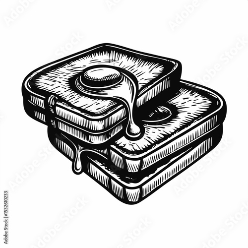 Delicious french toast, two slices of bread dipped in egg batter and pan-fried until golden brown, served warm with syrup dripping down.