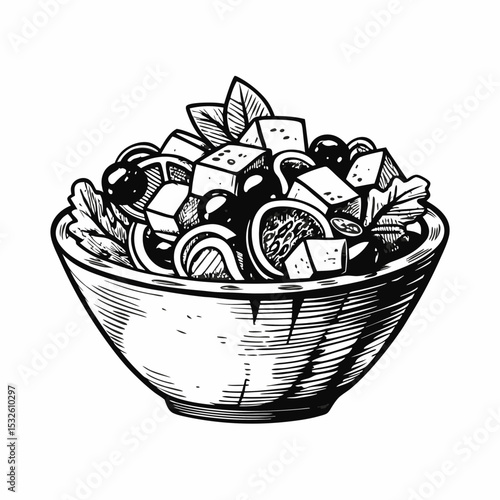 Delicious greek salad in wooden bowl. Greek salad recipe includes feta cheese, olives, tomatoes, and fresh herbs.  Enjoy this classic greek salad for lunch or dinner.