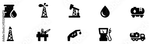 Petrochemical industry. Set of crude oil, petrochemical plant, barrel, storage tank, refinery, fuel, production, extraction, petroleum vector symbol. Oil industry icon set. Vector illustration.