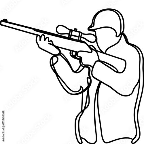 Rifleman silhouette aiming rifle, hunting scene illustration. Silhouette of a marksman with a scoped rifle, ready to fire. This powerful silhouette image is perfect for military, hunting,