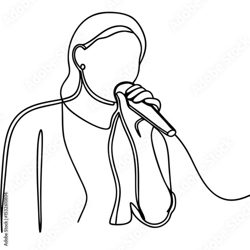 Singer holding microphone performing on stage. Solo artist with microphone singing a song.  Stylish single-line drawing of singer holding microphone for music posters and concert announcements.