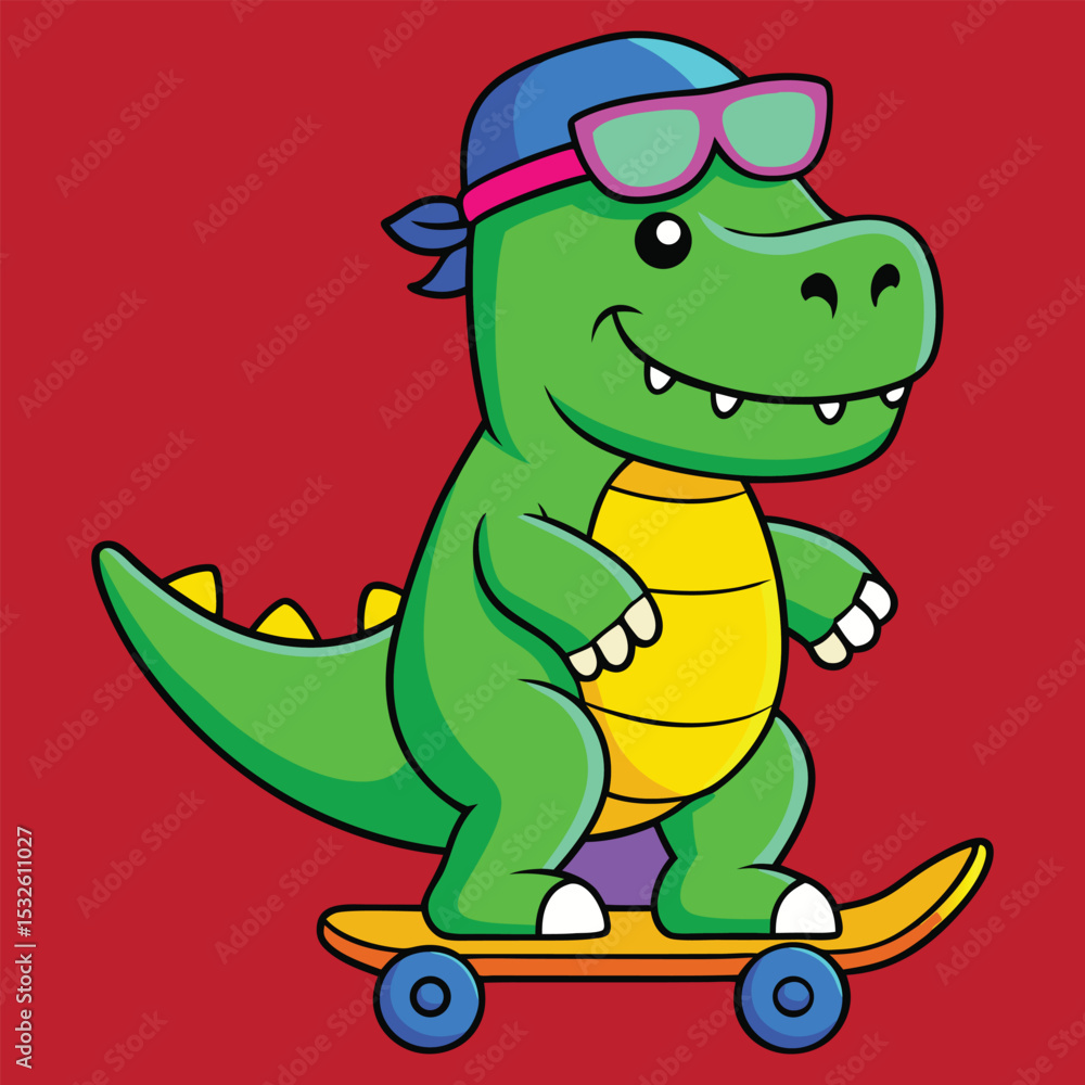 Obraz premium Cartoon Dinosaur Character Riding Skateboard with Sunglasses and Bandana Illustration