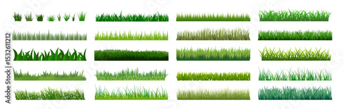 Green Grass Borders Set. Realistic and Flat Vector Lawn Designs on Transparent Background, Isolated Grass Strips with Light Effects for Landscape and Nature Illustration