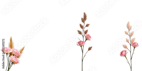 Wallpaper Mural Pink roses and dry grass arranged with stems on transparent background suitable for wedding invitations or floral designs with isolated elements. Torontodigital.ca