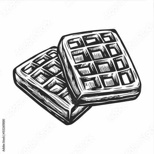 Delicious waffles illustration with crispy squares and golden brown texture. Waffles graphic design includes detailed squares and lines for bakery menu or cafe brochure.