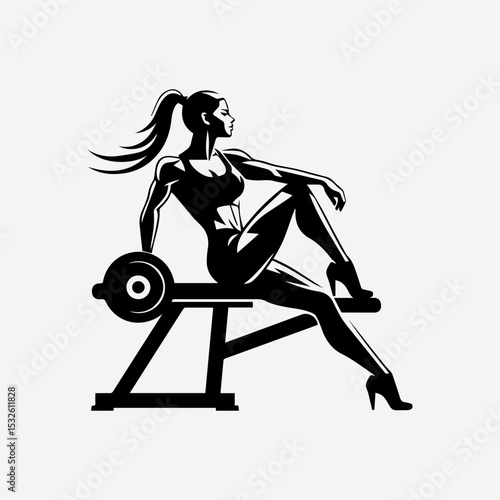 Muscular woman rests on weight bench, showcasing strength and fitness.